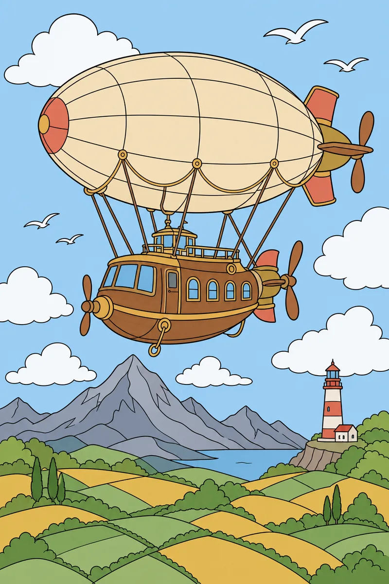 The same Airship Journey coloring page coloured in using the palette below.