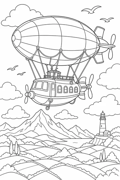 Airship Journey coloring page — a propeller-driven airship cruising above patchwork fields, a mountain and a lighthouse.