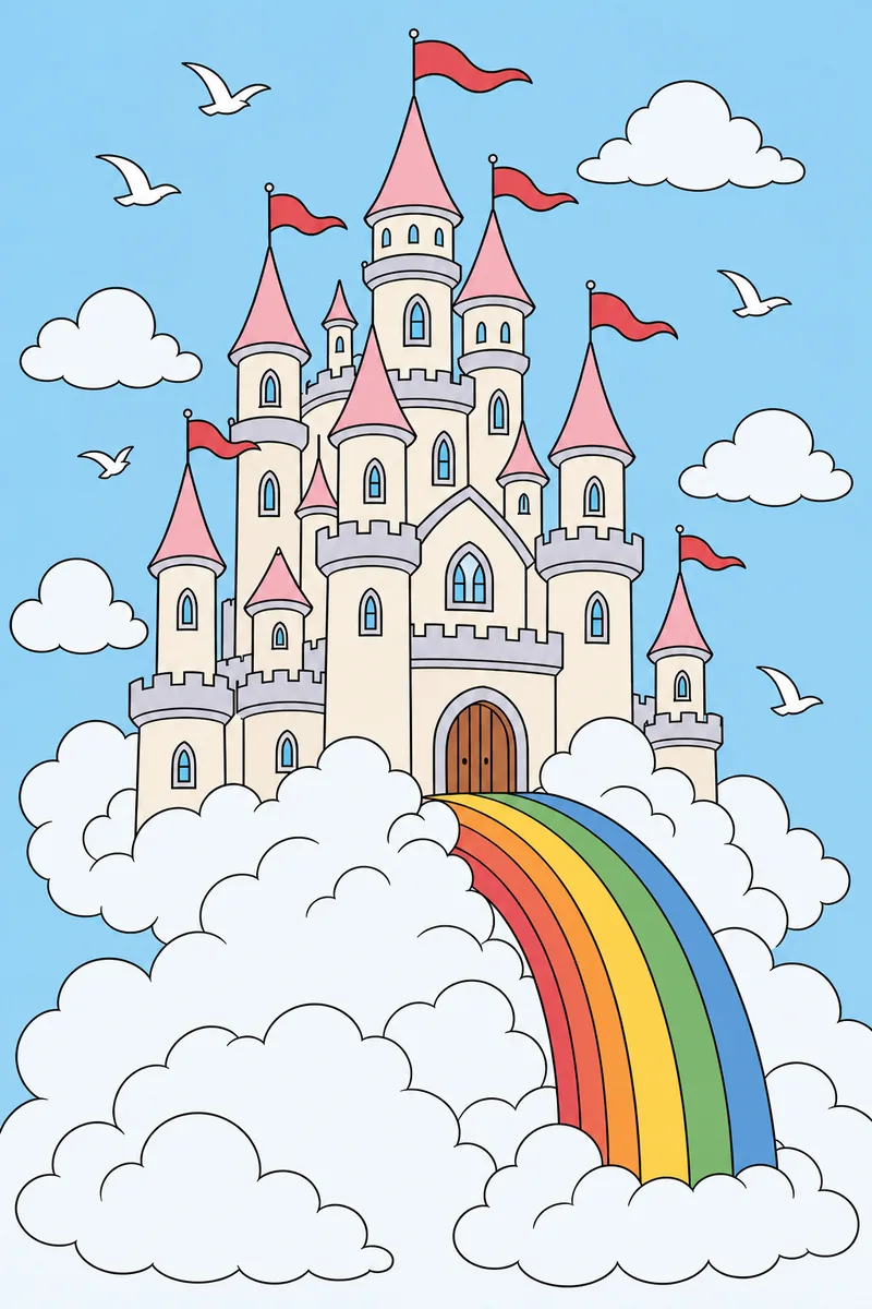 The same Cloud Castle coloring page coloured in using the palette below.