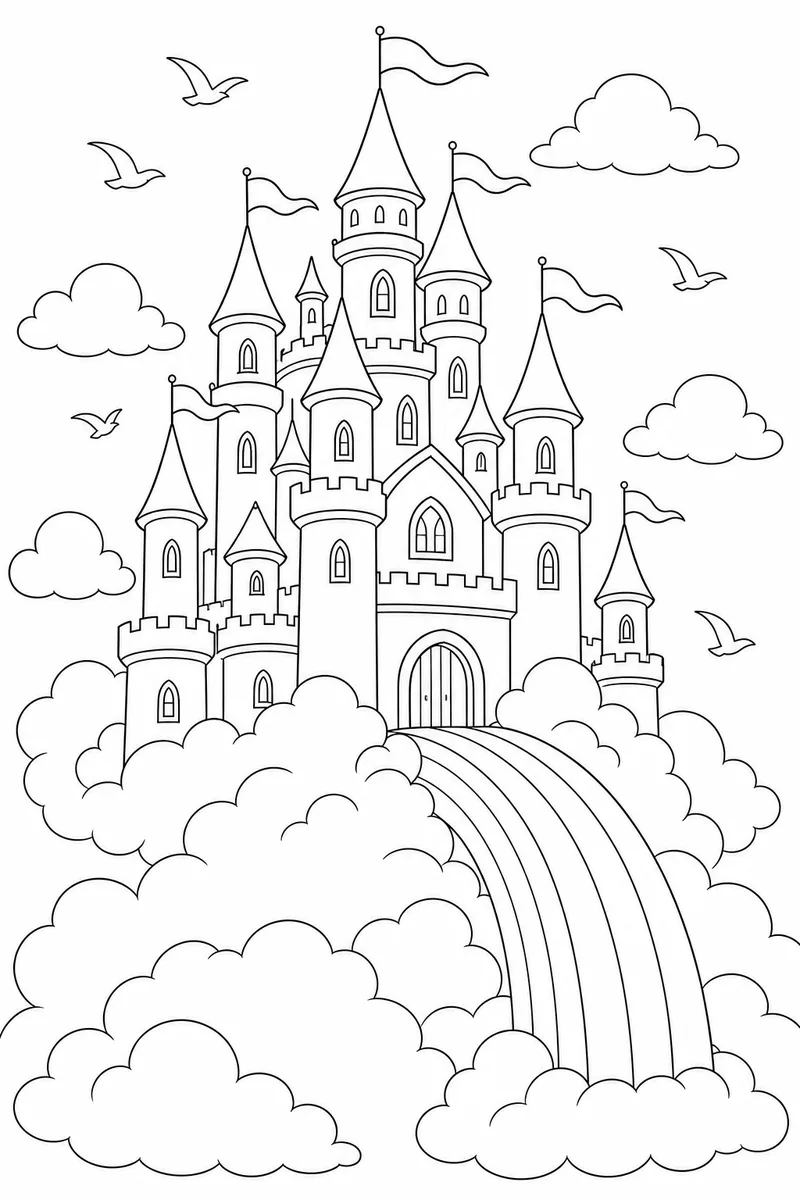 Cloud Castle coloring page line art — a many-turreted castle standing on a bank of clouds at the top of a rainbow.