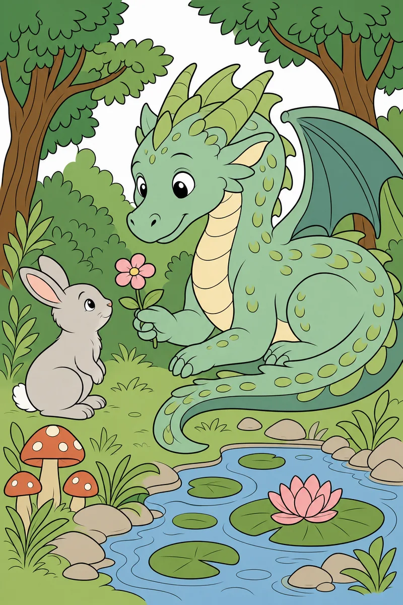 The same Gentle Dragon coloring page coloured in using the palette below.
