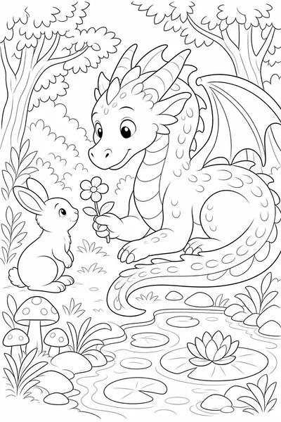 Gentle Dragon coloring page — a large friendly dragon offering a flower to a rabbit beside a lily pond.