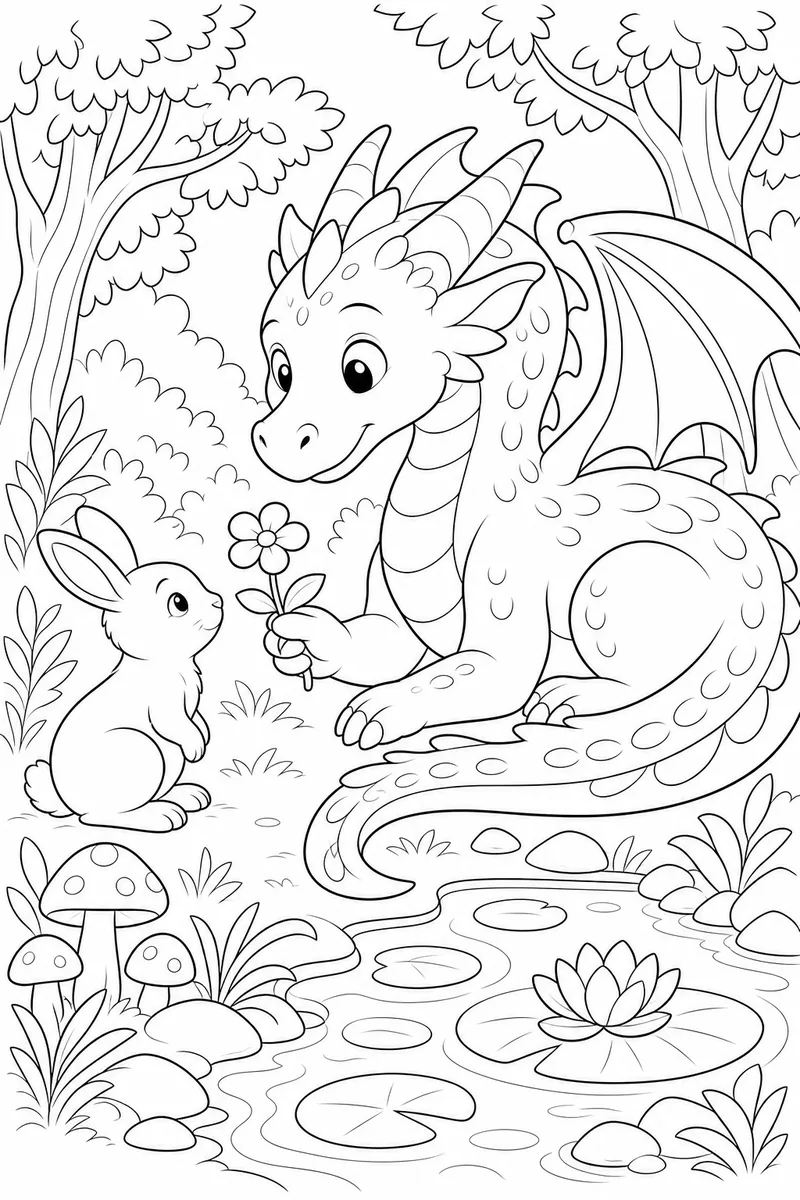 Gentle Dragon coloring page line art — a large friendly dragon offering a flower to a rabbit beside a lily pond.