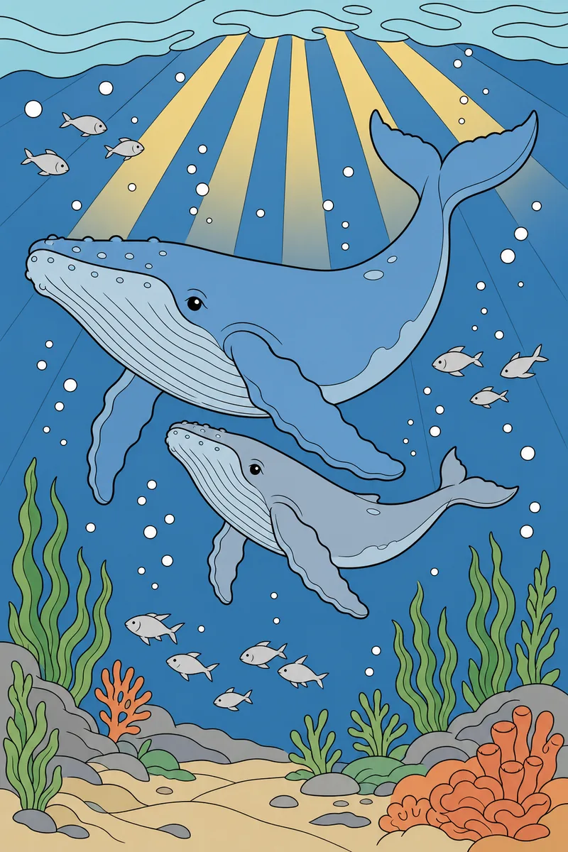 The same Gentle Whale coloring page coloured in using the palette below.