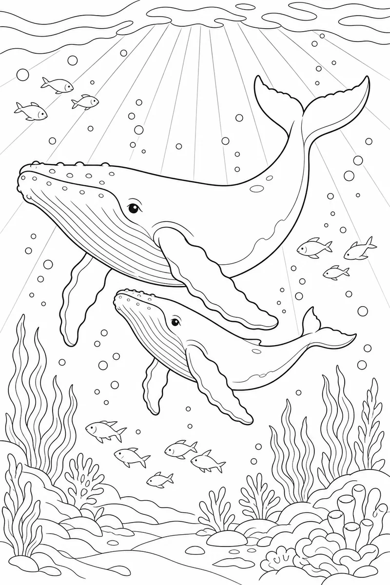 Gentle Whale coloring page line art — a humpback whale and calf swimming through sunbeams above a coral seabed.