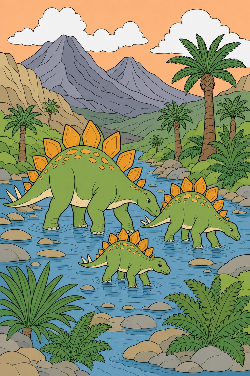 The same Jurassic Valley coloring page coloured in using the palette below.