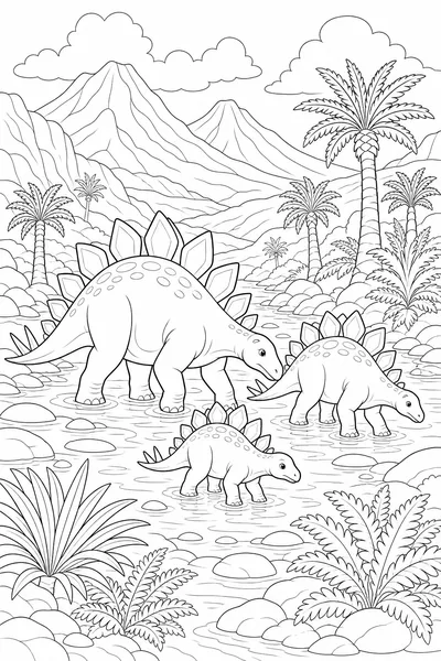 Jurassic Valley coloring page — three stegosaurus wading through a shallow river below volcanic peaks and palms.