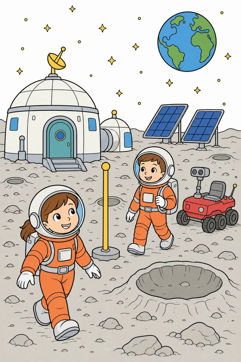 The same Moon Camp coloring page coloured in using the palette below.