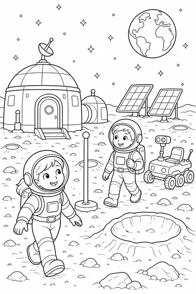 Moon Camp coloring page — two young astronauts exploring a lunar base with a dome habitat, solar panels and a rover.