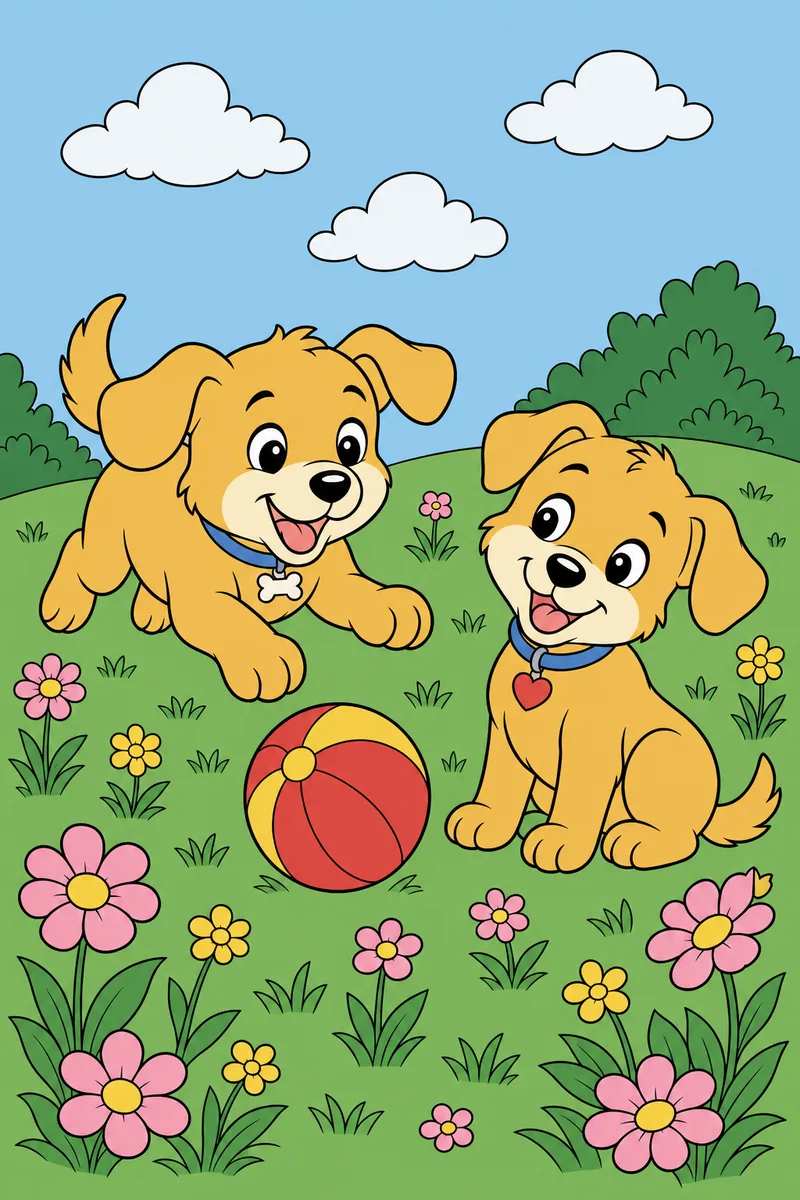 The same Playful Puppies coloring page coloured in using the palette below.