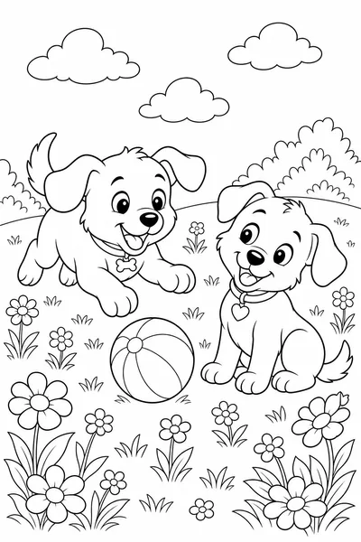 Playful Puppies coloring page — two puppies playing with a striped ball in a meadow of big open flowers.