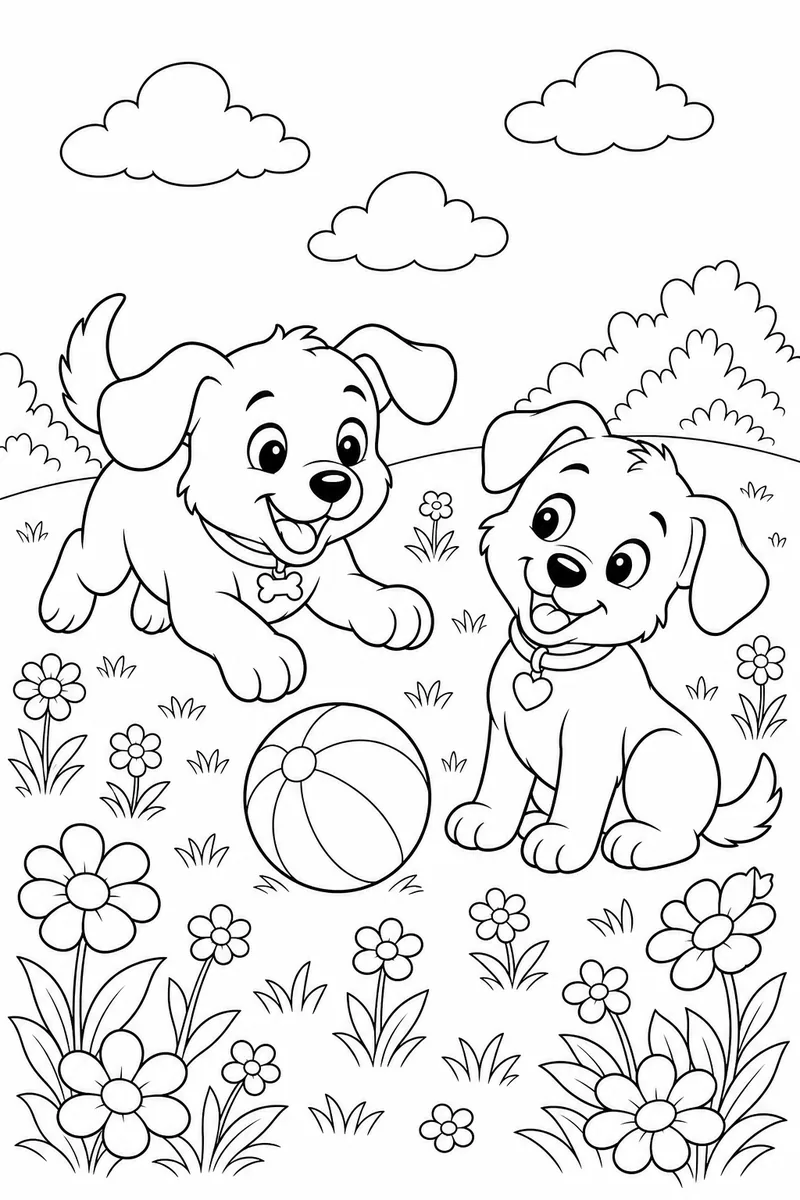 Playful Puppies coloring page line art — two puppies playing with a striped ball in a meadow of big open flowers.