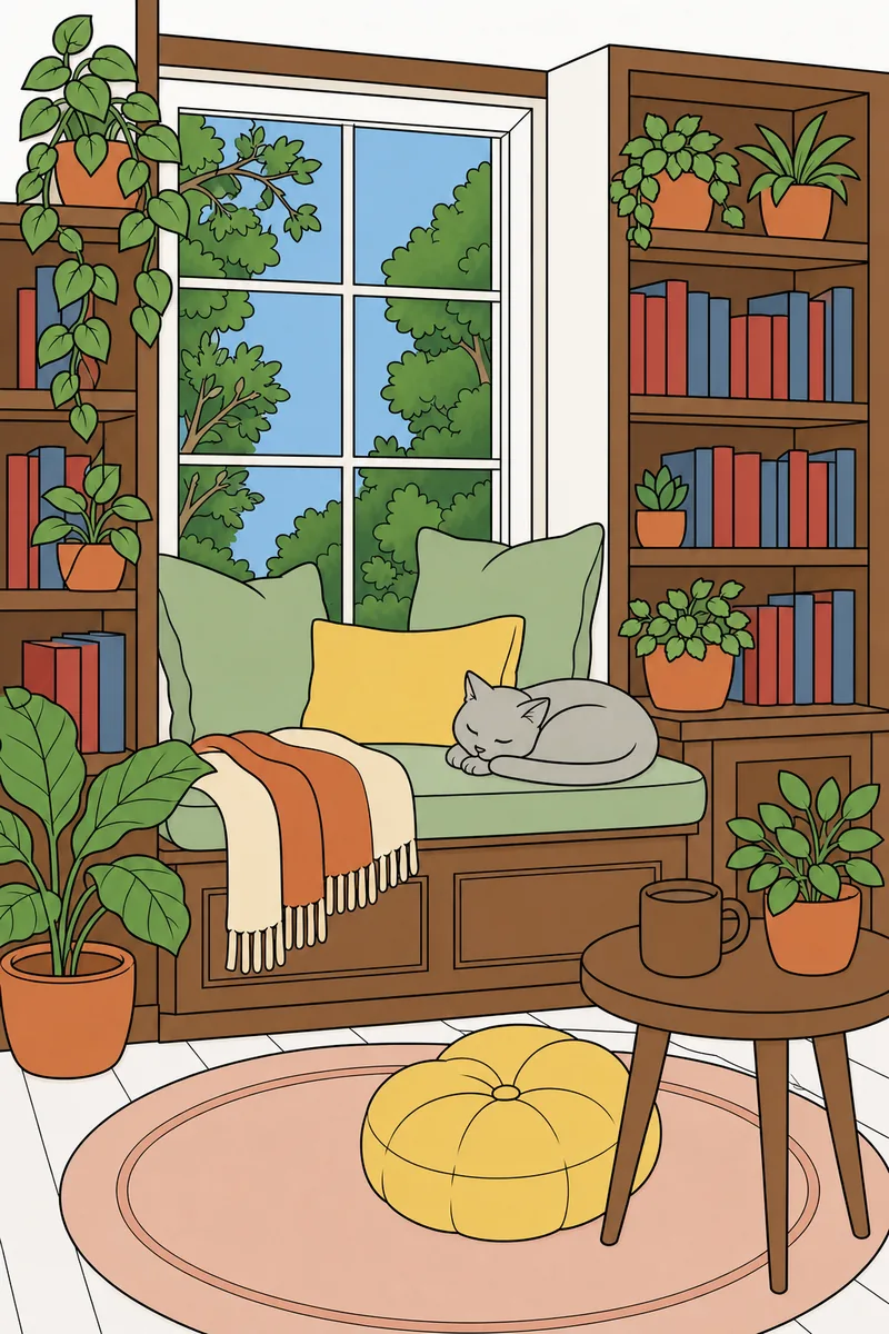 The same Reading Nook coloring page coloured in using the palette below.