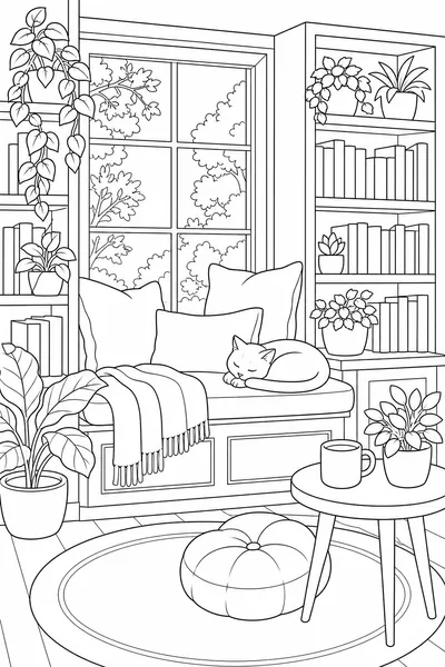 Reading Nook coloring page — a window seat with cushions, a sleeping cat, shelves of books and many houseplants.