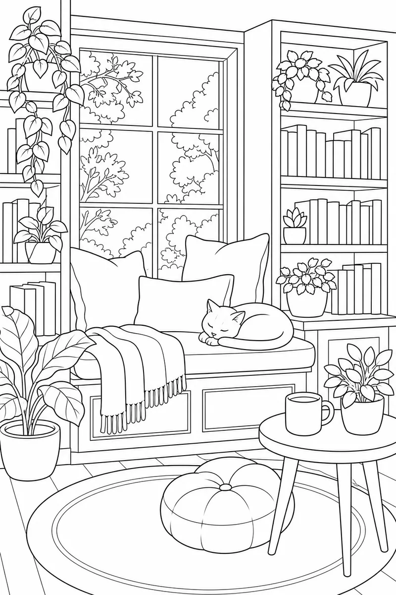 Reading Nook coloring page line art — a window seat with cushions, a sleeping cat, shelves of books and many houseplants.