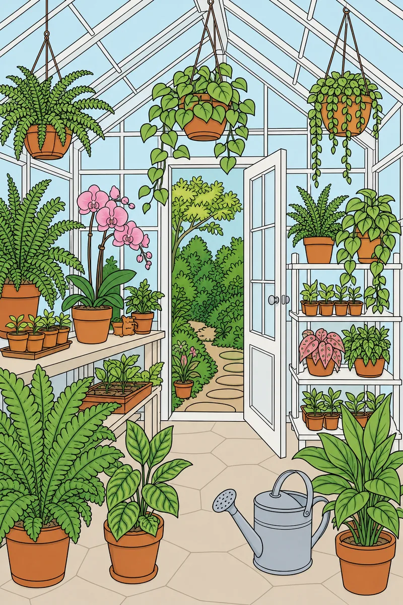 The same Secret Greenhouse coloring page coloured in using the palette below.