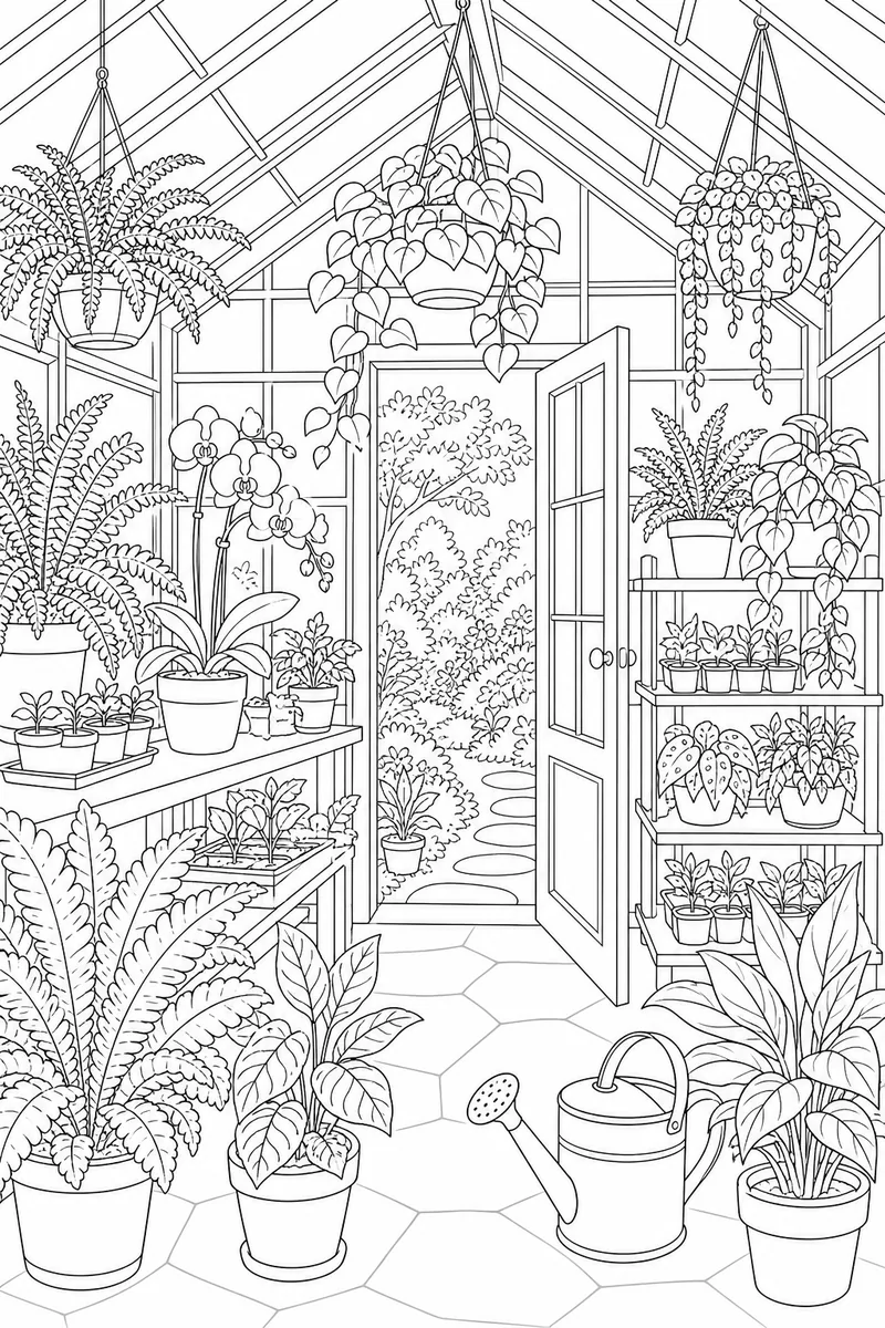 Secret Greenhouse coloring page line art — the inside of a glasshouse packed with ferns, orchids, seedling trays and hanging baskets.