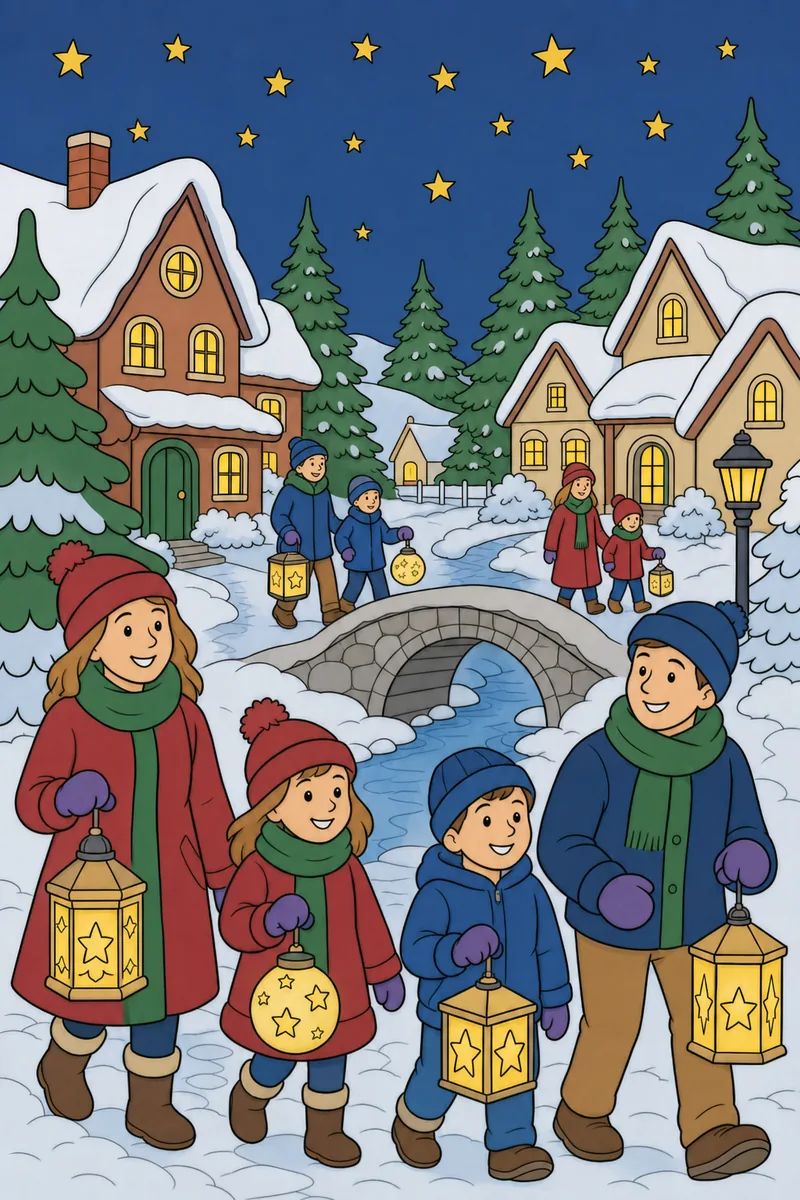 The same Winter Lanterns coloring page coloured in using the palette below.