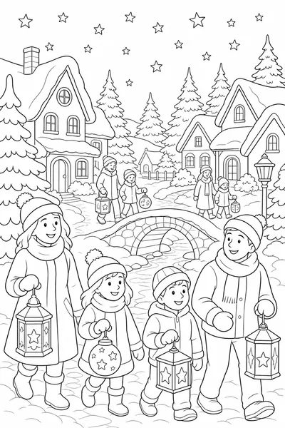 Winter Lanterns coloring page — a family carrying star lanterns through a snowy village on a starry night.